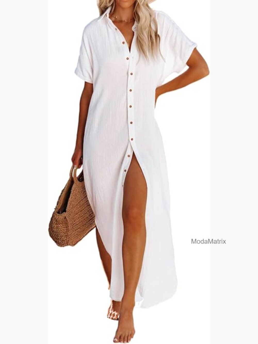 Lightweight Polyester Swimsuit Coverup with Button Down and Side Split